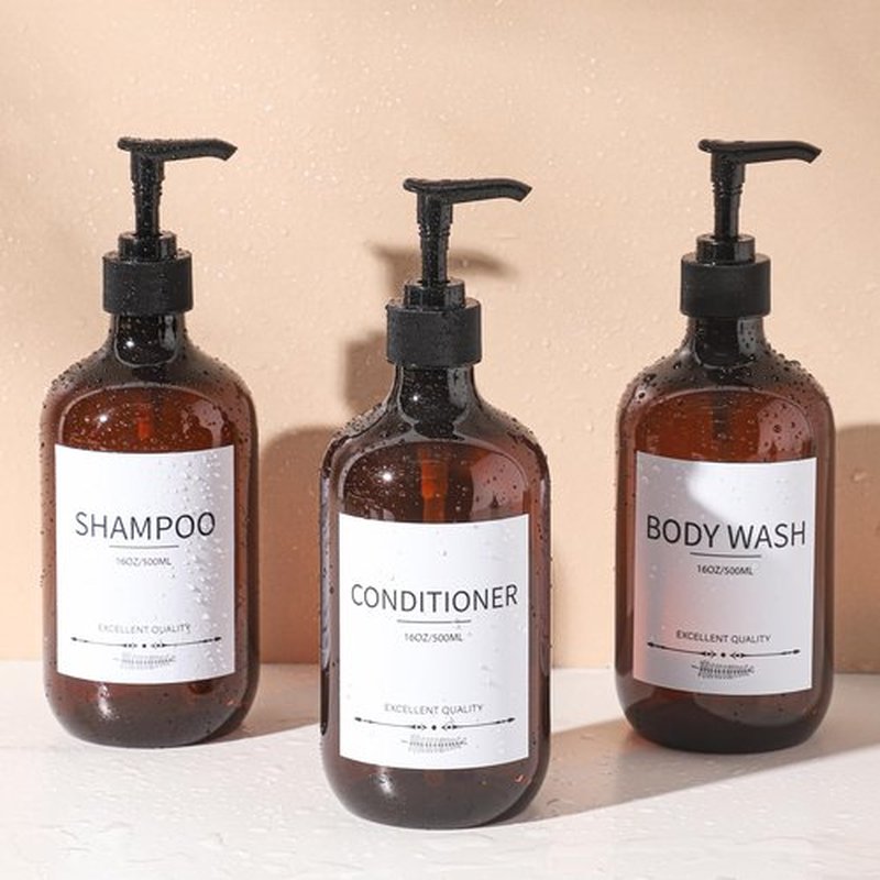 Stylish Shampoo Bottles Refillable with Pump,(5Pack) Amber Shampoo and Conditioner Dispenser,Shampoo Bottles with 8pcs Lables,Shampoo and Conditioner Bottle Set