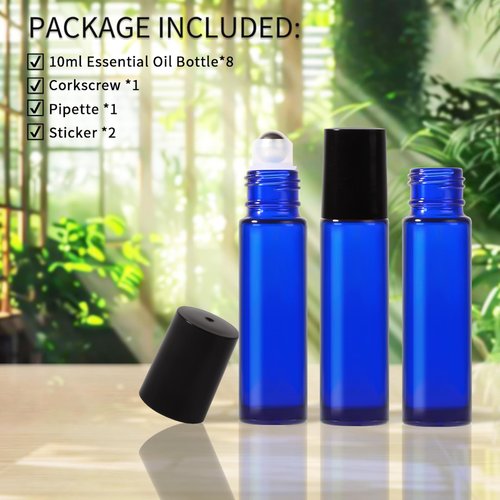 StellaCare Roller Bottles for Essential Oils,10ml Empty Glass Perfume Bottles with Stainless Steel Roller Balls, Opener,Droppers,Labels,8 pack Roll on Bottles