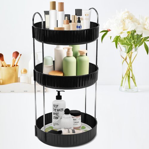 Zufudo Rotating Makeup Organizer 3 Tier Lazy Susan Trays Skincare Perfume Organizer for Bathroom Counter Vanity, Black