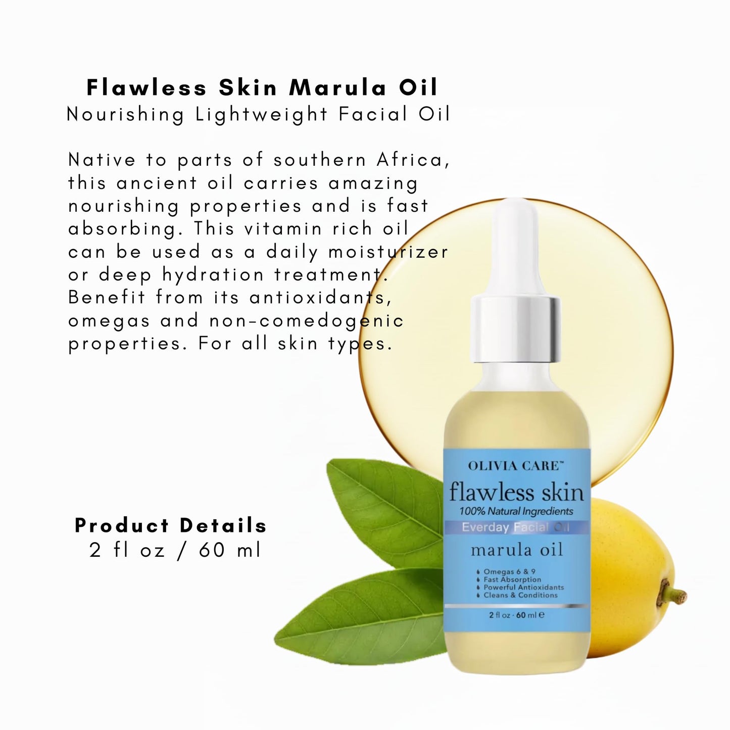 Olivia Care Flawless Essential Facial Oil 100% Natural. Stabilize & Retain Moisture (Marula)