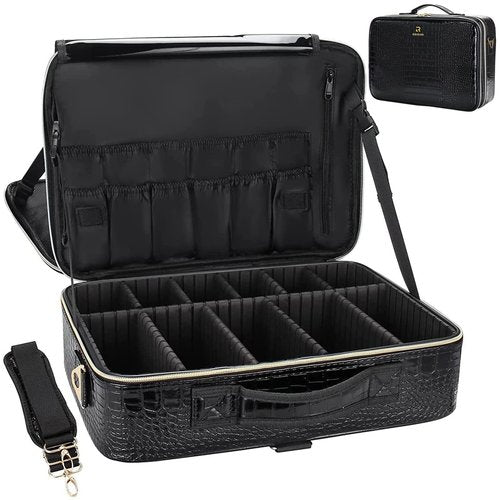 Relavel Makeup Case Large Makeup Bag Professional Train Case 16.5 inches Travel Cosmetic Organizer Brush Holder Waterproof Makeup Artist Storage Box, Large Capacity (Crocodile Pattern, Large)