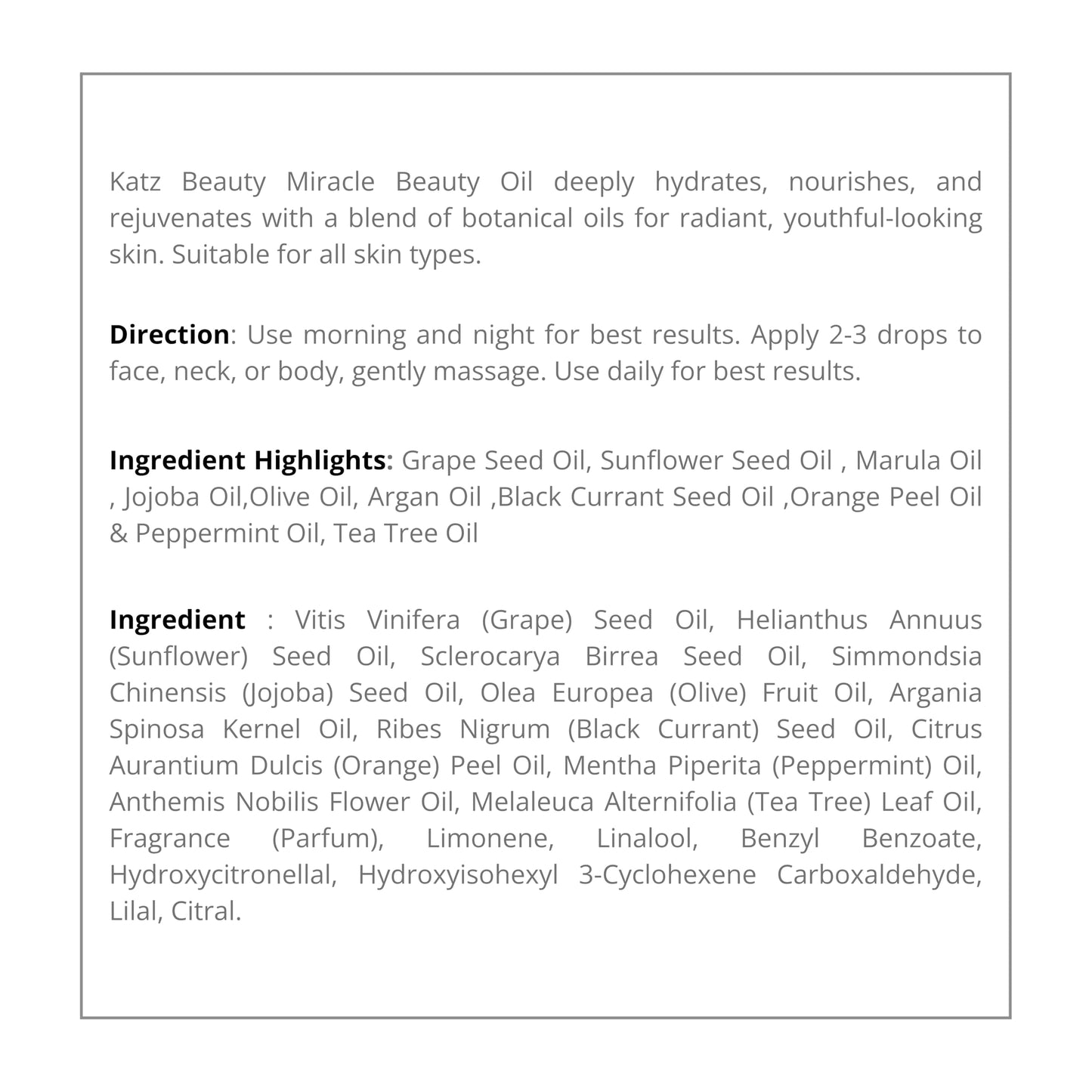 Katz Beauty Miracle Beauty Oil - Hydrating Face Oil with Jojoba, Argan & Marula Oil for Anti-Aging Glow, Non-Comedogenic