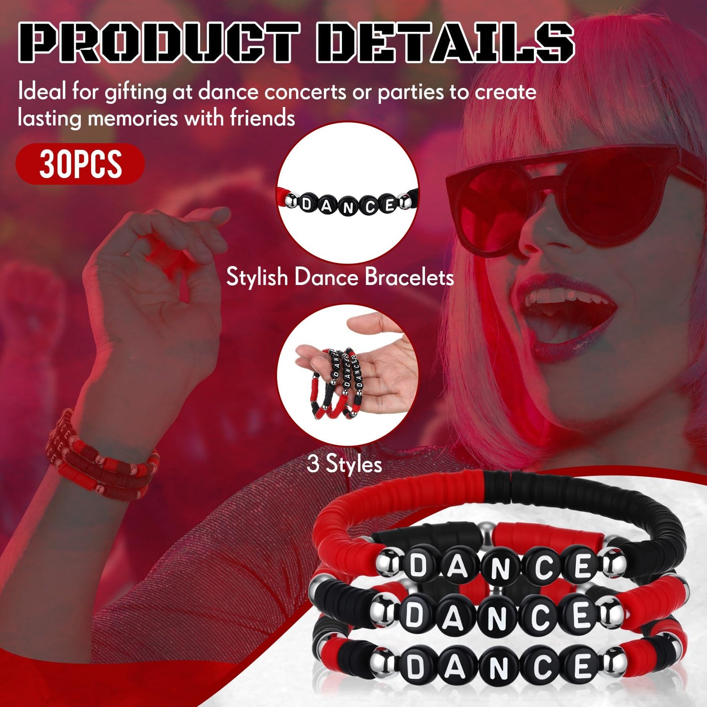 Landical 30 Pcs Dance Bracelets Bulk for Women Merchandise for Fans, Friendship Heishi Bracelets for Concert Outfits Party Favors, Gifts for Fan, Valentine Gifts Party Favors(Black Red)