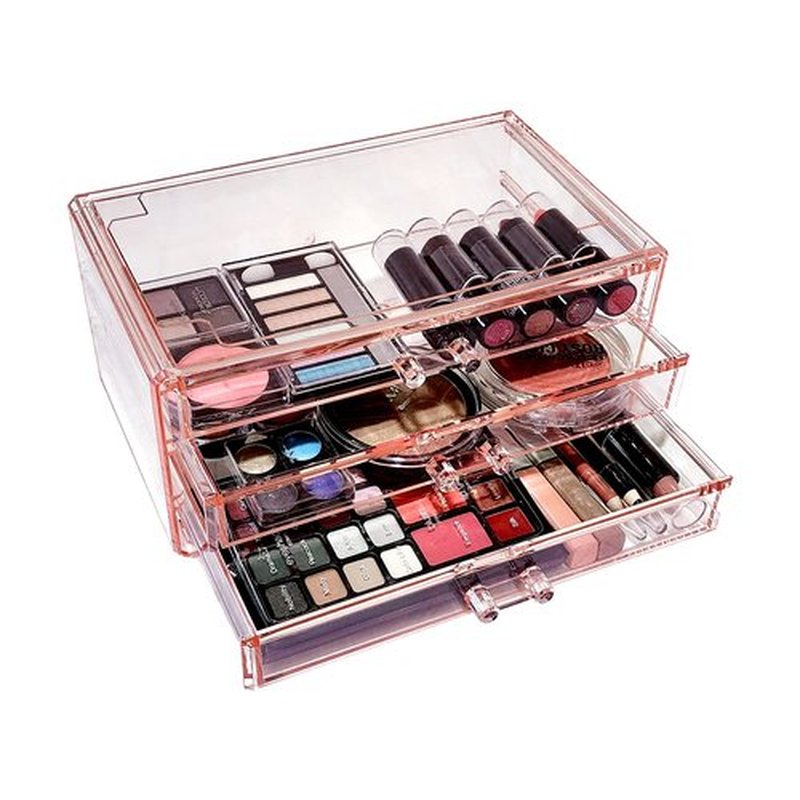 Ikee Design 3-Piece Set Pink Acrylic Drawer Storage Organizer, Ideal for Jewelry, Makeup, Home, and Office Storage,9.38 W x 5.38 D x 12.75 H in