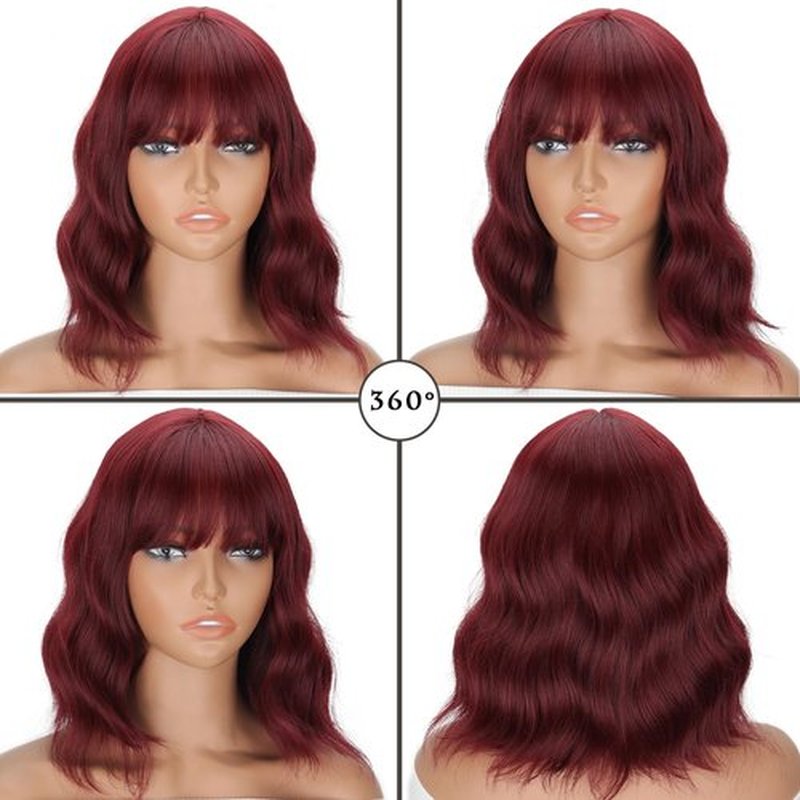 LINGHANG Short Wine Red Wavy Wig with Bangs,Dark Red Bob Wig for Women,Synthetic Hair Water Wave Medium Length Colorful Wigs,Cosplay wigs