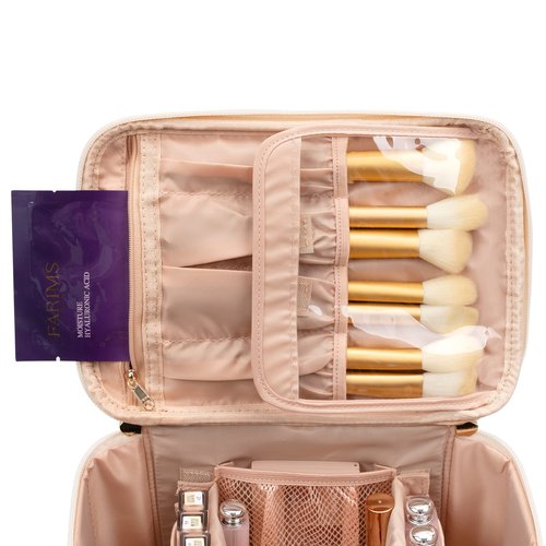 OCHEAL Makeup Bag, Portable Cosmetic Bag, Large Capacity Travel Makeup Case Organizer, Makeup Bags For Women Toiletry Bag for Girls Traveling With Handle and Divider- Beige Large