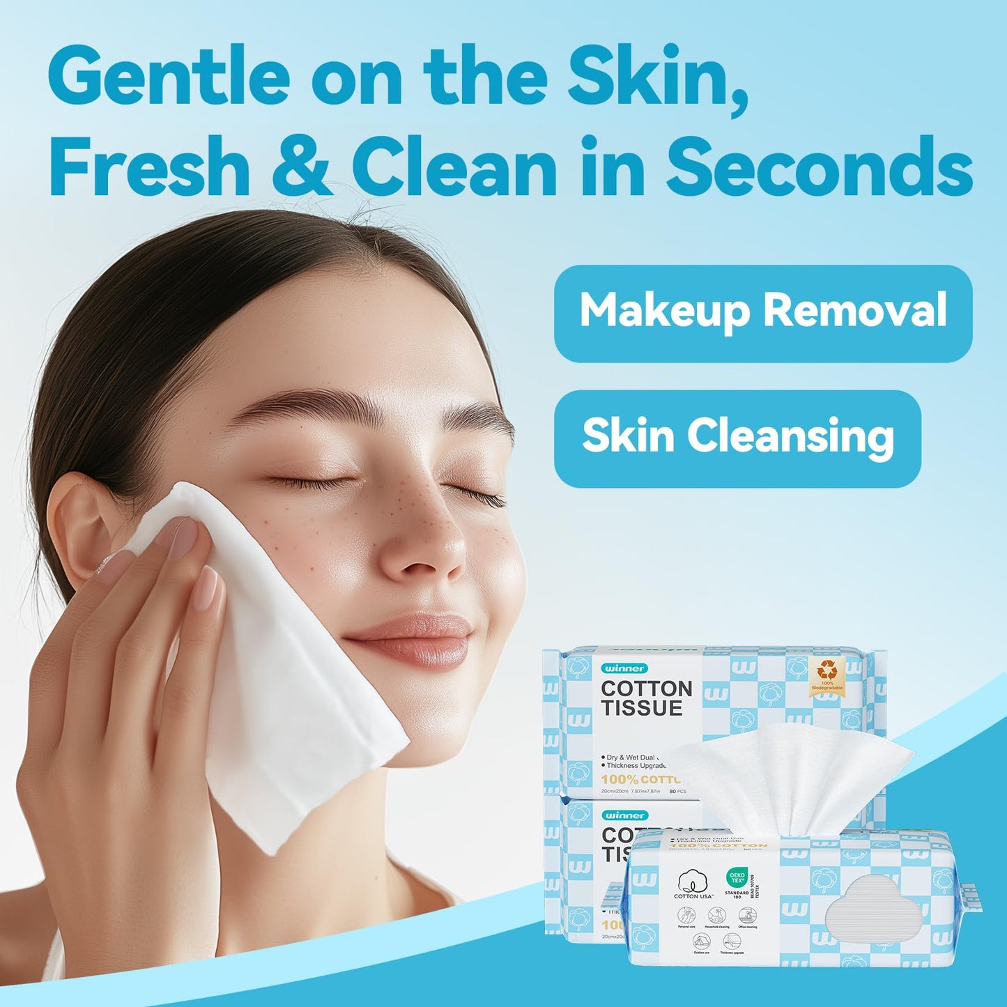 Winner Disposable Face Towels, 100% Natural Cotton, OEKO-TEX® Certified, Cleansing Towels, Lint-Free, Hand Wipes, Makeup Removers, For Dry and Sensitive Skin, Facial Towels, 20x20cm, Pack of 100