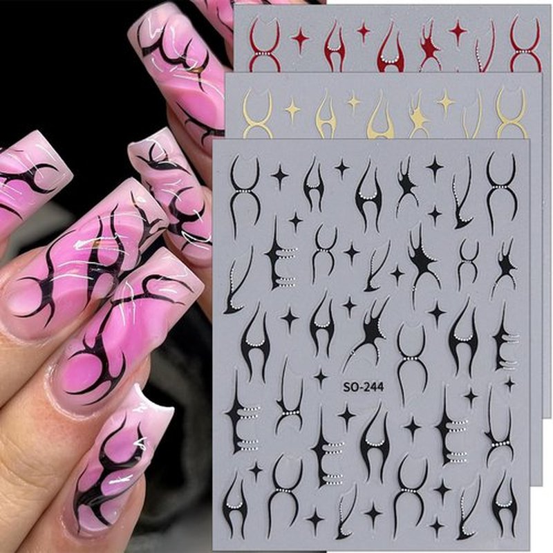 Metallic Line Nail Stickers Flame Nail Decals 3D Self-Adhesive Sticker for Nails 4PCS Silver Red Black Gold Line Designs Y2K Nail Art Stickers for Women Acrylic French Nail Supplies Decorations DIY