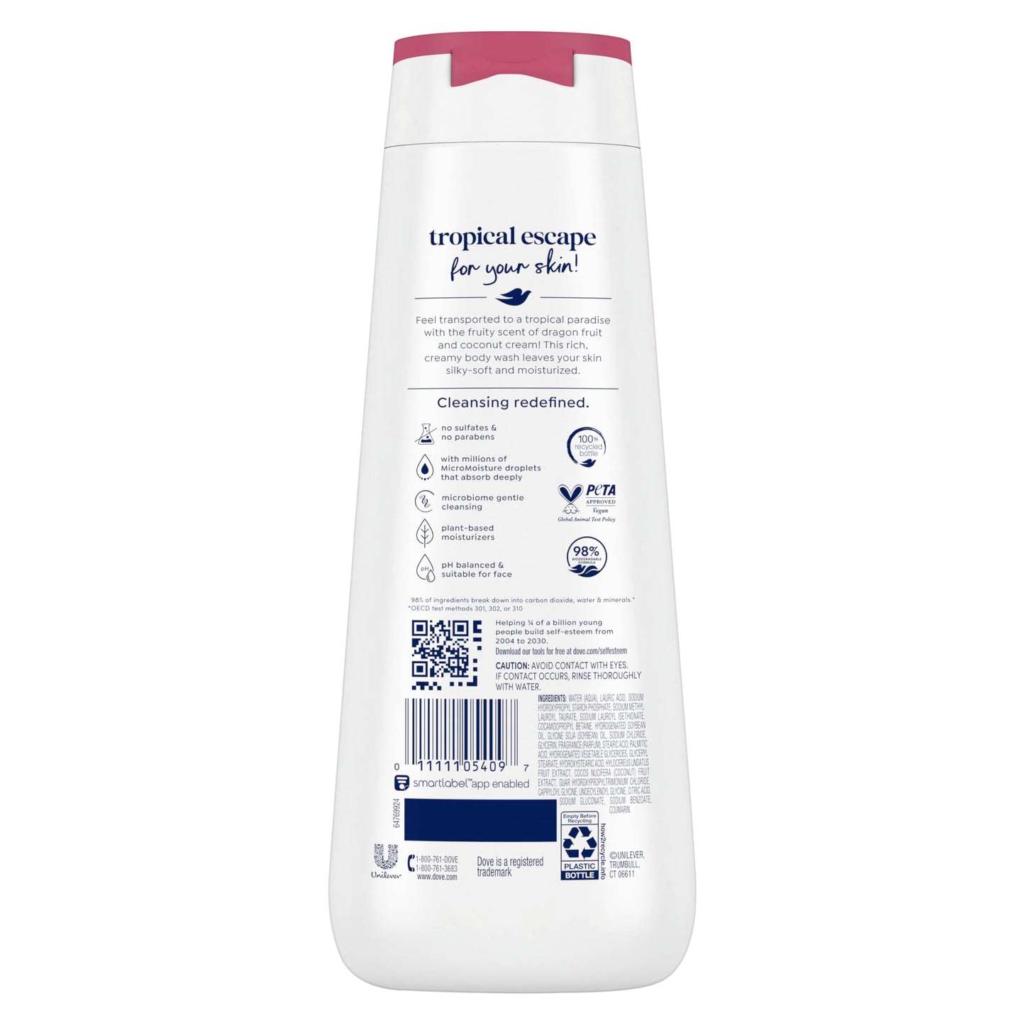 Dove Body Wash 4 Count for 24hr Lotion-Soft Skin Replenish Dragon Fruit and Coconut Cream Moisturizing Skin Cleanser with No Sulfates No Parabens
