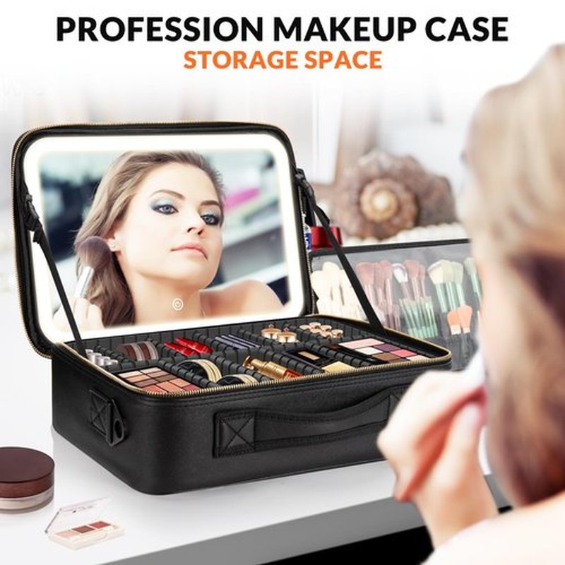 14.6”X 10.3”Large Makeup Case Black with Lighted Up Mirror, Professional Travel Vanity Cosmetic Train Bag with LED Light, 3 Colors Light and Adjustable Brightness Makeup Case for Women Girls (Black)