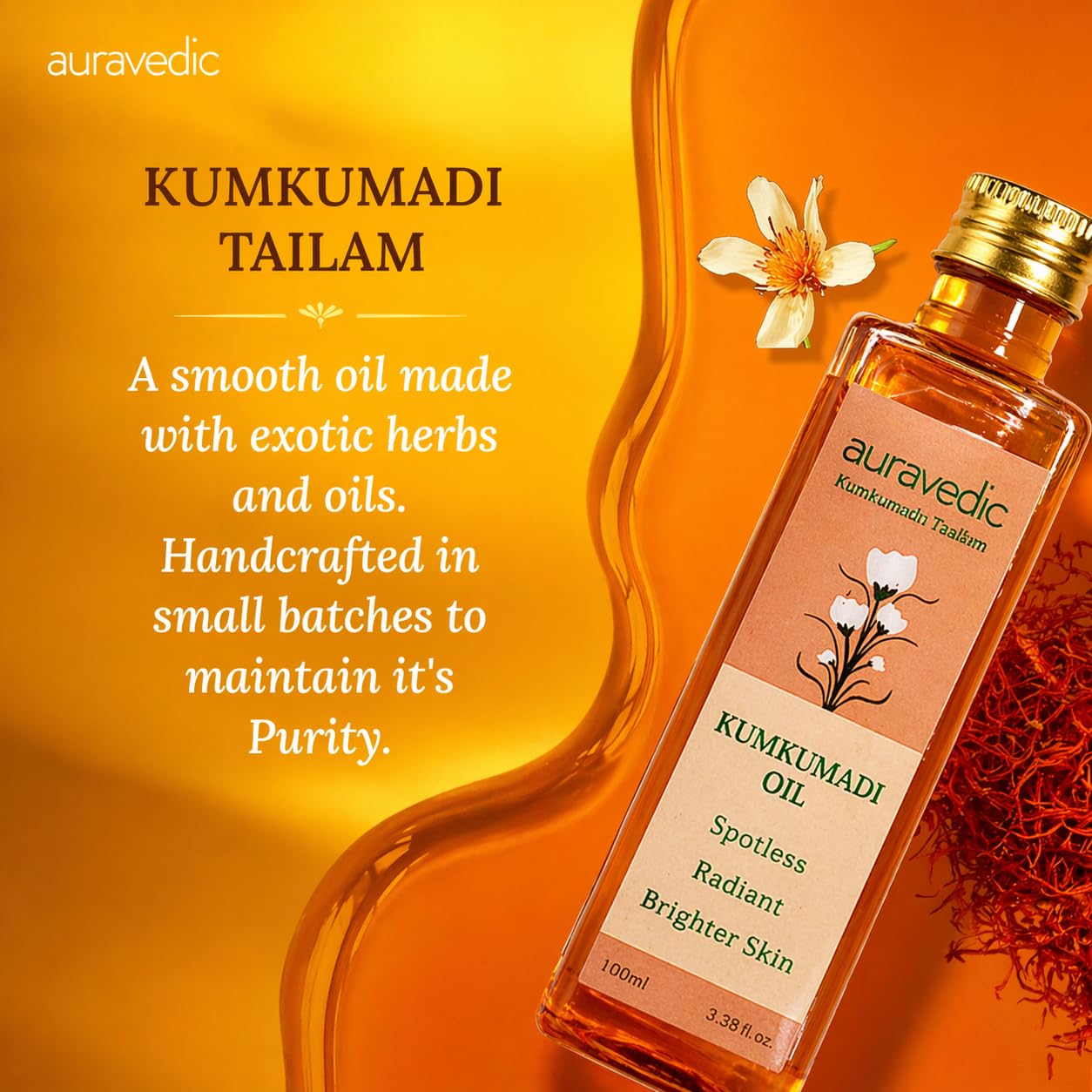 Auravedic Kumkumadi Oil Pure Saffron for Ultra Radiant Skin | Ayurvedic Oil for Dull, Dehydrated & Tired Skin | Lightweight Hydrating Formula for Smooth Texture | 3.38 Fl Oz (100ml)