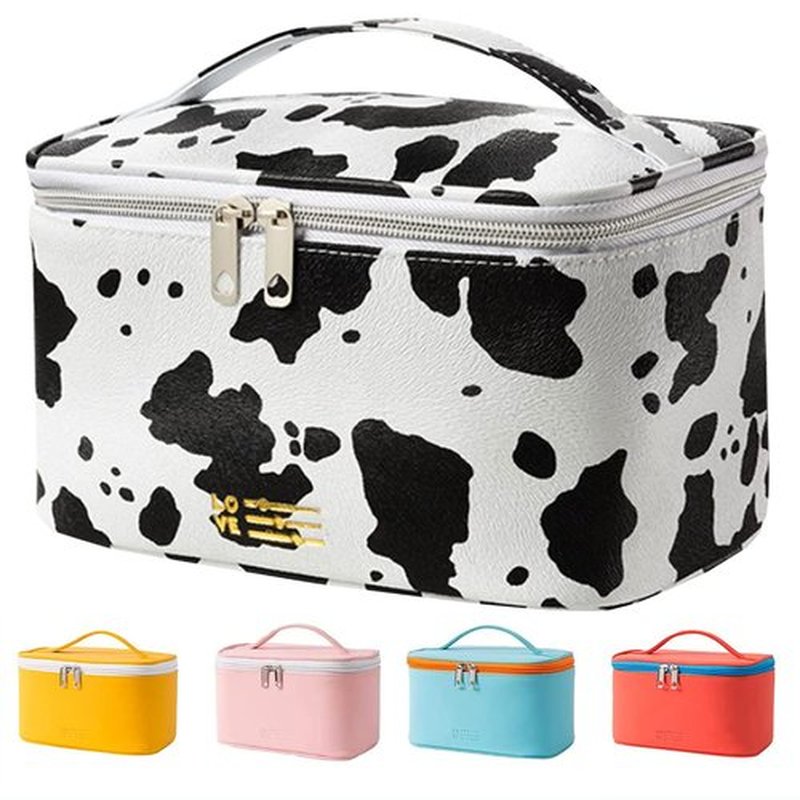 Meiyuuo Cute Makeup Bag Small Cosmetic Bags for Women Ladies Medium Pouch Toiletry Bag PU Waterproof Organizer (Cow Print)