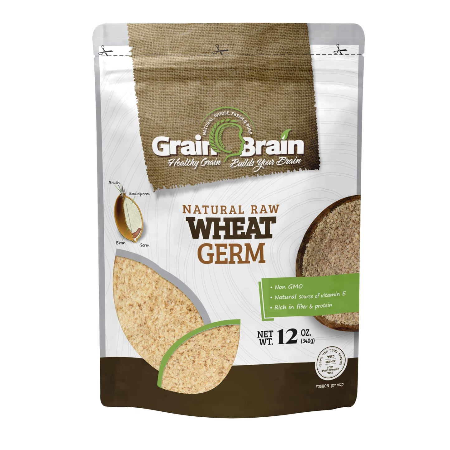 Grain Brain Wheat Germ 12 oz (12 oz) Raw, All natural, Untoasted. Packaged in Resealable Pouch bags for easy use