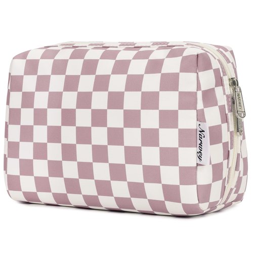 Narwey Large Checkered Makeup Bag Zipper Pouch Travel Cosmetic Bag Organizer for Women (Large, Dusty Rose Checkerboard)