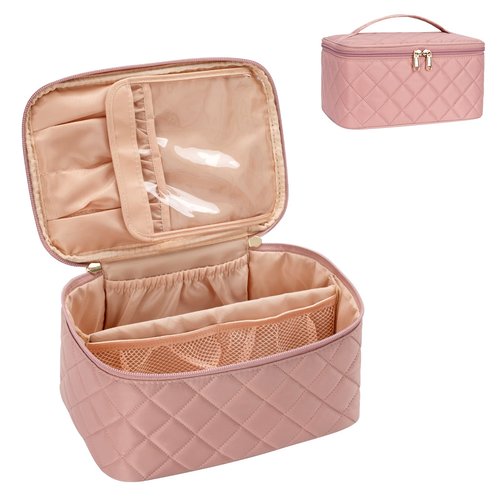 OCHEAL Makeup Bag, Portable Cosmetic Bag, Large Capacity Travel Makeup Case Organizer, Pink Makeup Bags For Women Toiletry Bag for Girls Traveling With Handle and Divider-Pink