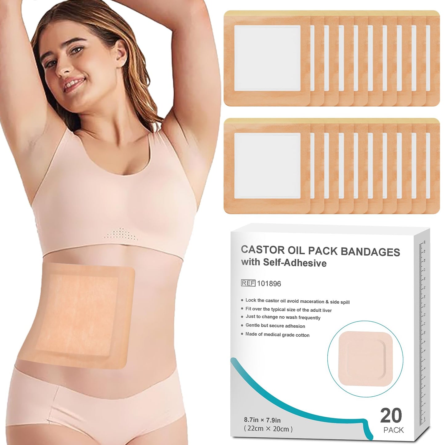 20Pcs Castor Oil Pack Wrap for Liver, Stomach, Belly Button | 8.7"*7.9" Organic Cotton Pads | Highly Absorbent Self-Adhesive Disposable Patches | No Wash, 100% Leak-Free(Oil Not Included) US Patented