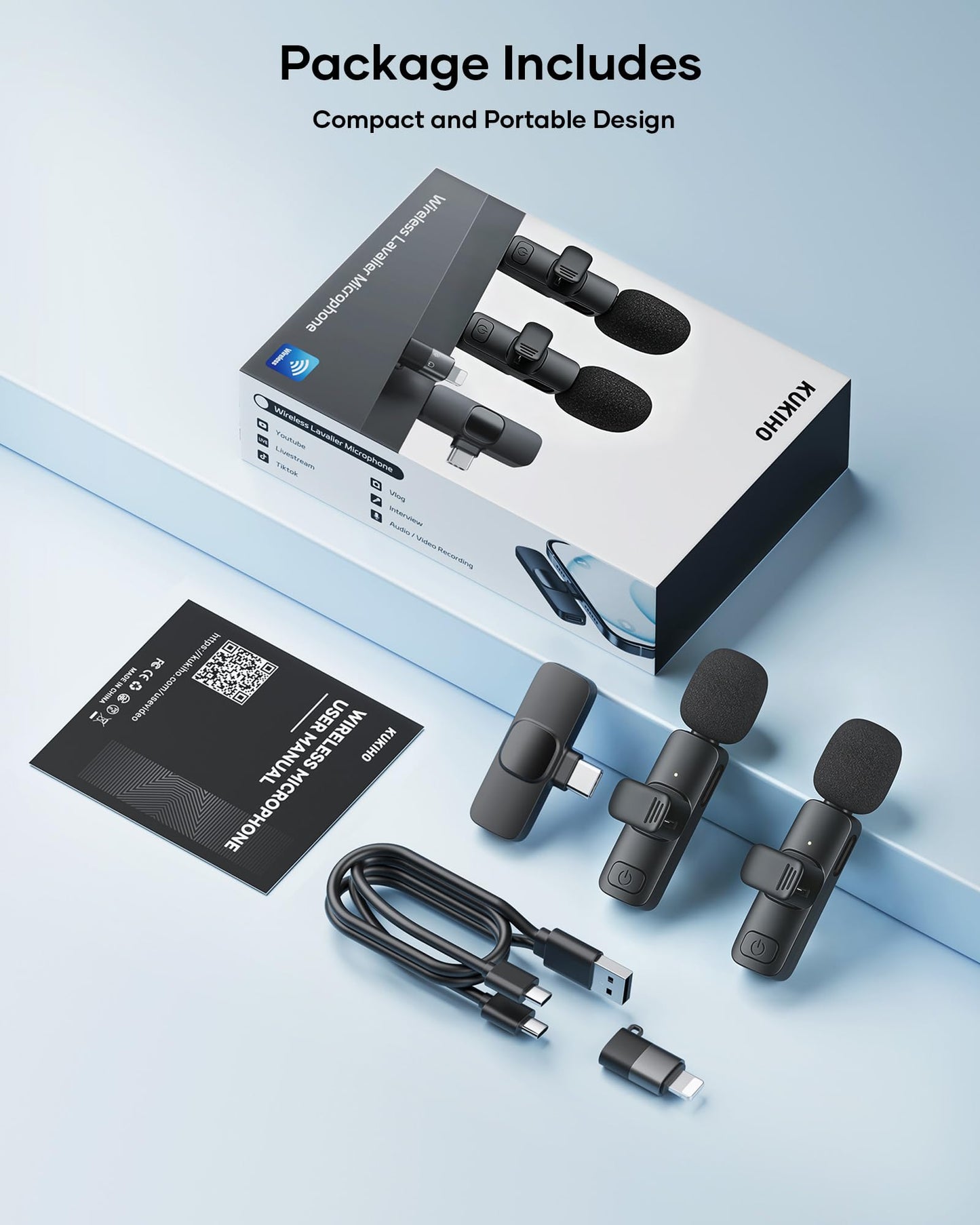 2 Pack Wireless Lavalier Microphone for iPhone iPad and Android Phone, Lapel Mic Plug and Play Wireless Mic Noise Reduction Mini Microphone for Video Recording Interview Podcast Vlog YouTube Tiktok