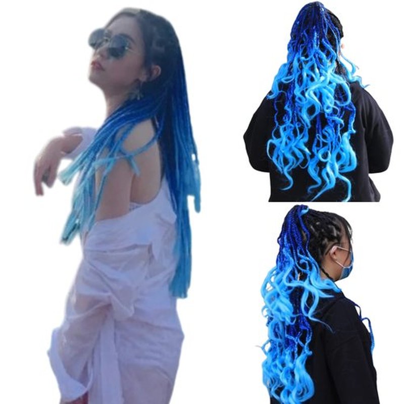 Braiding Hair Extension Jumbo Ombre Colorful for Crochet Braiding 6 Packs (High temperature, Synthetic Fiber, 24 inches) (3 Bundles, Black to Blue to Light blue)