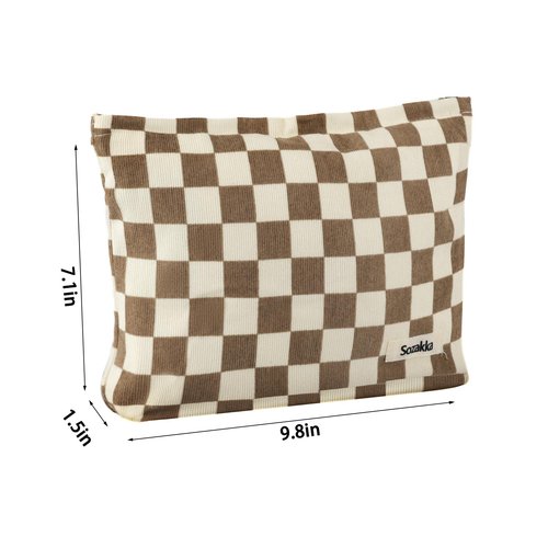 ZLFSRQ Checkered Makeup Bag for Women Girls Large Capacity Brown Corduroy Travel Cosmetic Bag Set Makeup Pouch for Purse Zipper Toiletry Organizer Cute Y2K Aesthetic Trendy Makeup Brushes Storage Bag