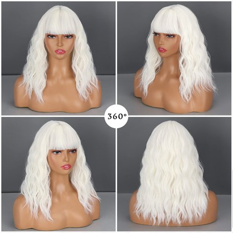 LINGHANG Short Platinum Blonde Wigs for Women, White Blonde Curly Wavy Wig with Bangs, Synthetic Medium Length Platinum Wavy Bob Wig for Daily Use