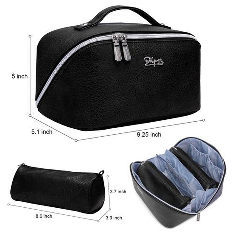 Travel Makeup Bags Cosmetic Organizer Bag: 3-Set Large Capacity Make up Bag - PU Leather Toiletry Bag for Women - Wide Open Portable Pouch with Divider & Handle (10-Black)