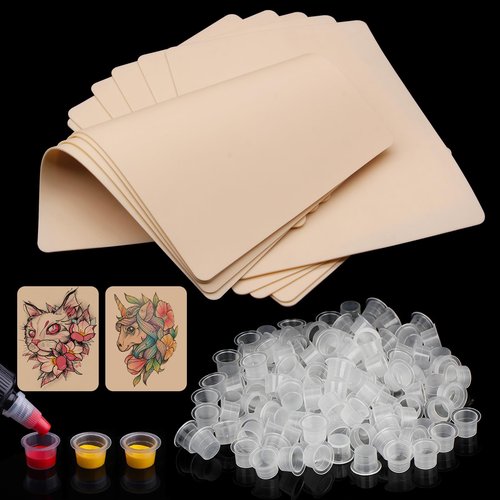 Tattoo Practice Skins with Ink Cups Medium - Autdor 1010Pcs Tattoo Fake Skin and Ink Caps Kit Includes 1000Pcs Pigment Ink Cups 11mm and 10Pcs Double Sided Blank Tattoo Skin Practice