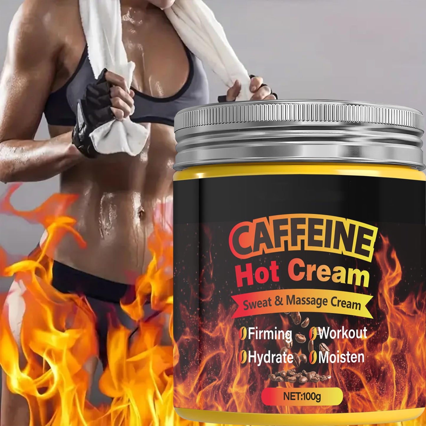 Caffeine Hot Cream，Sweat & Massage Cream，Belly Fat Burner Sweat Enhancer，Burns cellulite on thighs, legs, abdomen and buttocks，Suitable for both men and women，100g