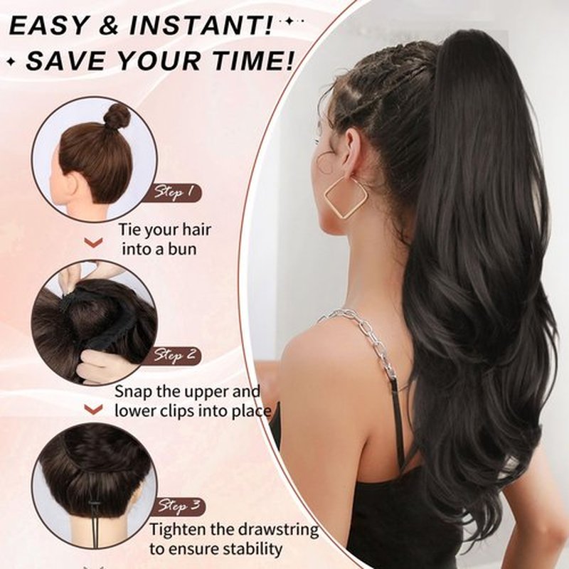 CHRSHN Ponytail Extension, Drawstring Ponytail Extension for Women 26 Inch Long Dark Brown Wavy Layered Pony Tails Hair Extensions Synthetic Clip in Ponytail Hairpiece for Women