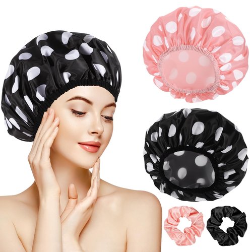2 Sets Large Shower Caps for Women, Waterproof Shower Cap Double Layers Bath Caps Stocking Stuffers for Women Long Thick Hair