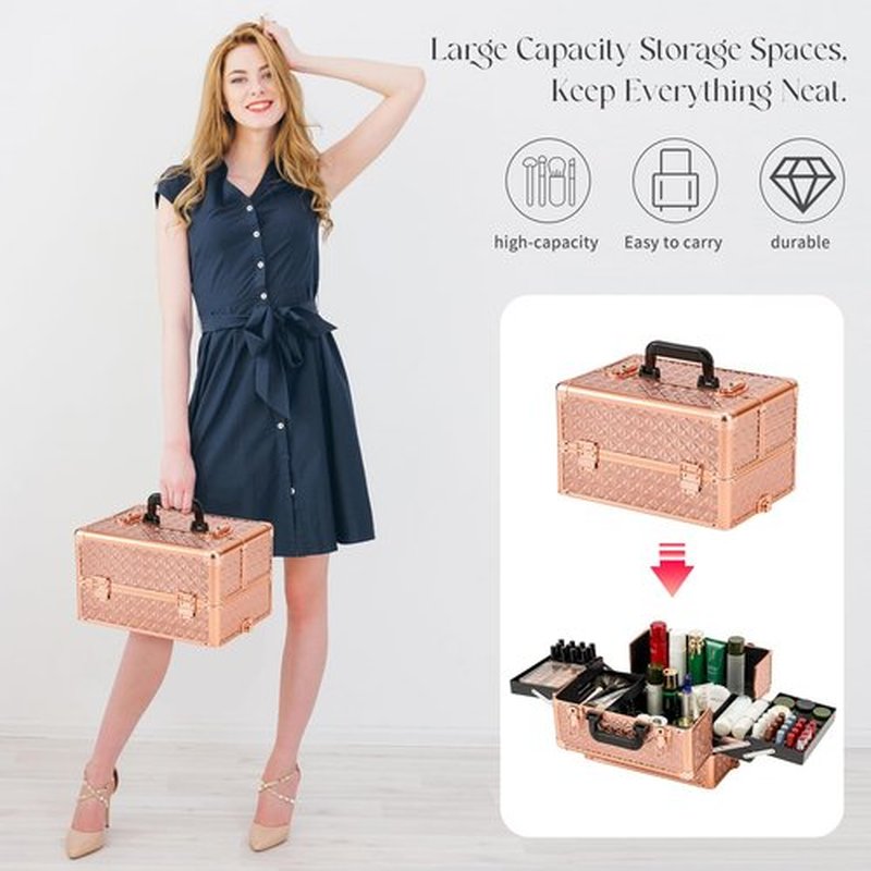 Leeora&Leekoo Portable Multi-Storey Nail Case for Nail Tech Organizer - Wheels Makeup Case Organizer, Cosmetic Case, Makeup Train Case, Make Up Case (Rose Gold)