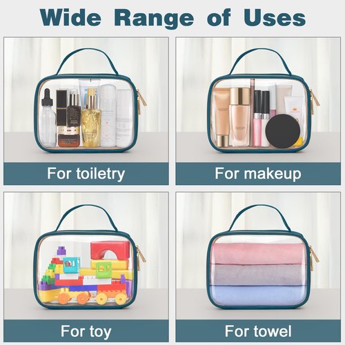 Wedama TSA Approved Toiletry Bag, 3 Pack Clear Makeup Bags with Handles, Quart Size Clear Toiletry Bags, PVC Clear Cosmetic Bags for Women and Men, Carry on Airport Airline (Til Blue, Medium)