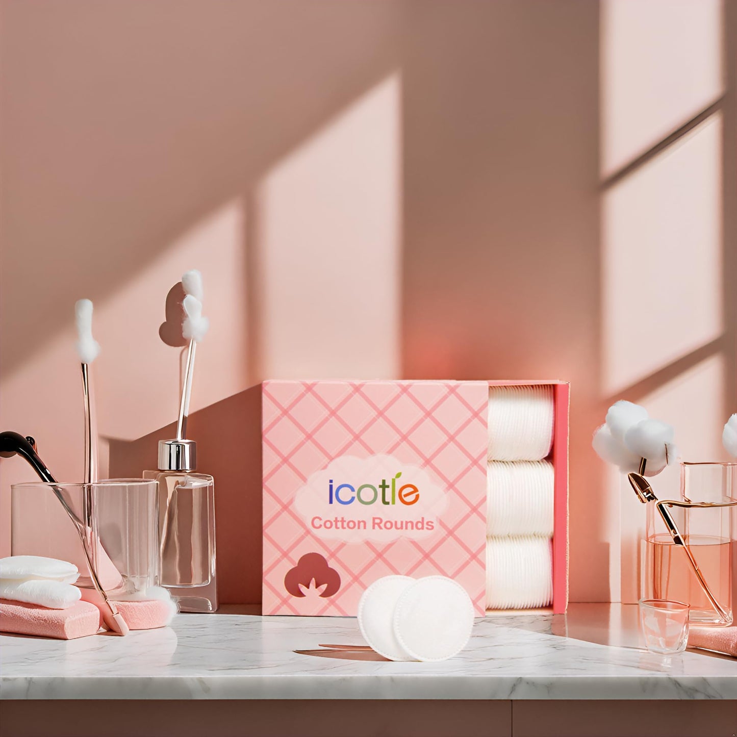 ICOTLE 100% Pure Cotton Round Pads for Face (210), Lint-Free Makeup Remover Pads, Soft, Absorbent, Hypoallergenic, Multi-Layer Design for Cleansing, Skincare and Nail Polish Removal