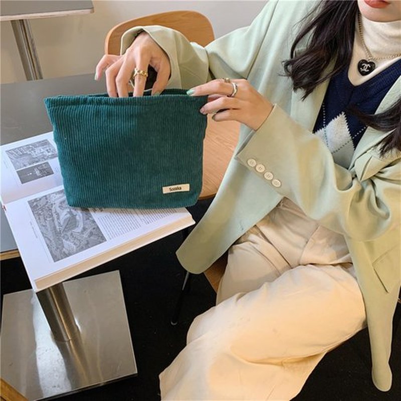 Cosmetic Bags for Women - Corduroy Cosmetic Bag Aesthetic Women Handbags Purses Smile Dots Makeup Organizer Storage Makeup Bag Girls Case Bags (Pure Dark green)