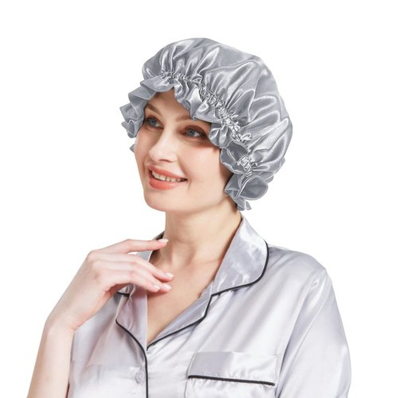 Silk Bonnet for Hair Care, Natural Silk Cap for Sleeping and Shower, Double-Lined, 6A-grade Mulberry Silk Turban Light Grey