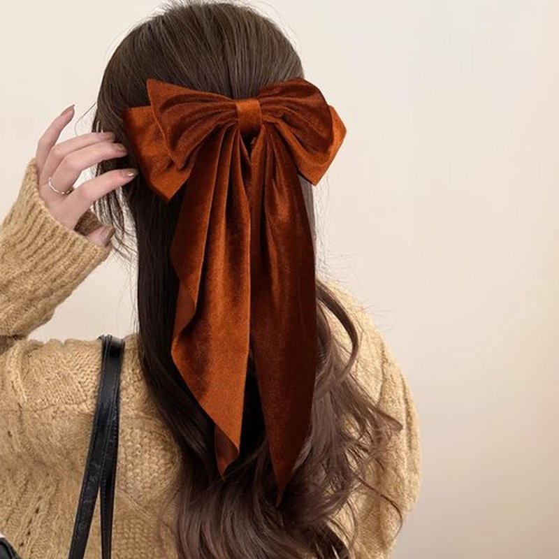 2pc Burnt Orange Velvet Ribbon Hair Bows for Women Girls Oversized Bow-knot French Barrette Hair Clips with Long Tail Hair Clamp Fall Winter Early Spring Hair Styling Accessories