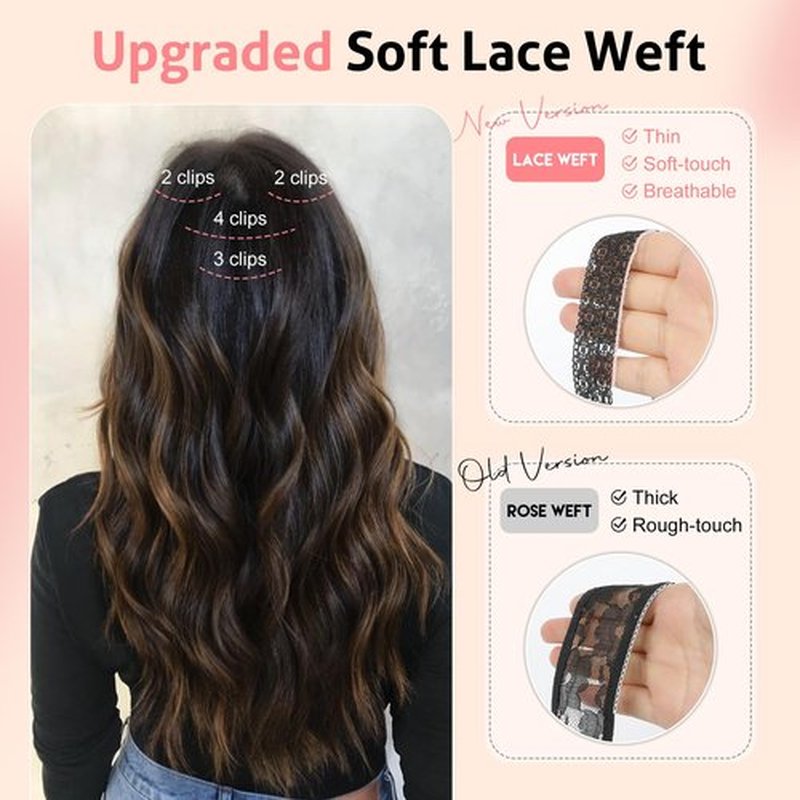 KUIRAN Hair Extensions, Clip in Hair Extensions 14" Short Wavy Hair Extensions 4PCS Hair Extensions Invisible Lace Weft Natural Soft Hairpieces for Women - Light Brown with Blonde Highlights