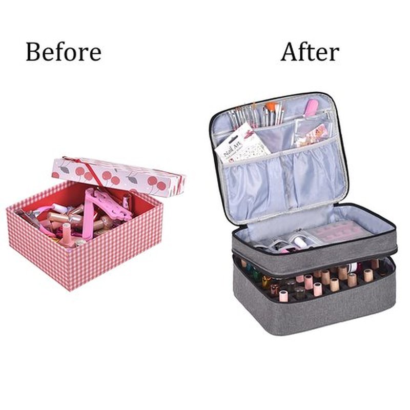LYFFXYH Nail Polish Carrying Case, Portable Nail Polish Holder Holds 42 Bottles(15ml), Double-layer Storage Bag for Nail Polish and Manicure Set (Grey-Holds 42 Bottles)