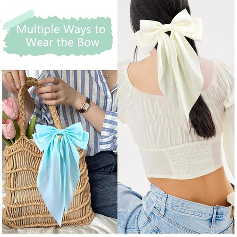 Atoden Blue Hair Bows Silky Satin Bows for Hair Ribbons 4Pcs Coquette Oversized Long Tail Hair Bow Clips Barrettes Big Bowknot Hair Accessories for Women Girl Trendy Stuff Gifts (Beige, Blue)