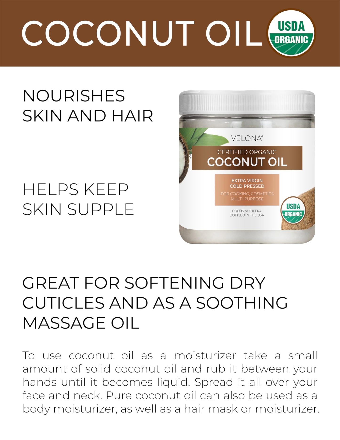 velona USDA Certified Organic Coconut Oil Extra Virgin - 2 fl oz | Food and Cosmetic Grade | in jar | Extra Virgin, Cold Pressed