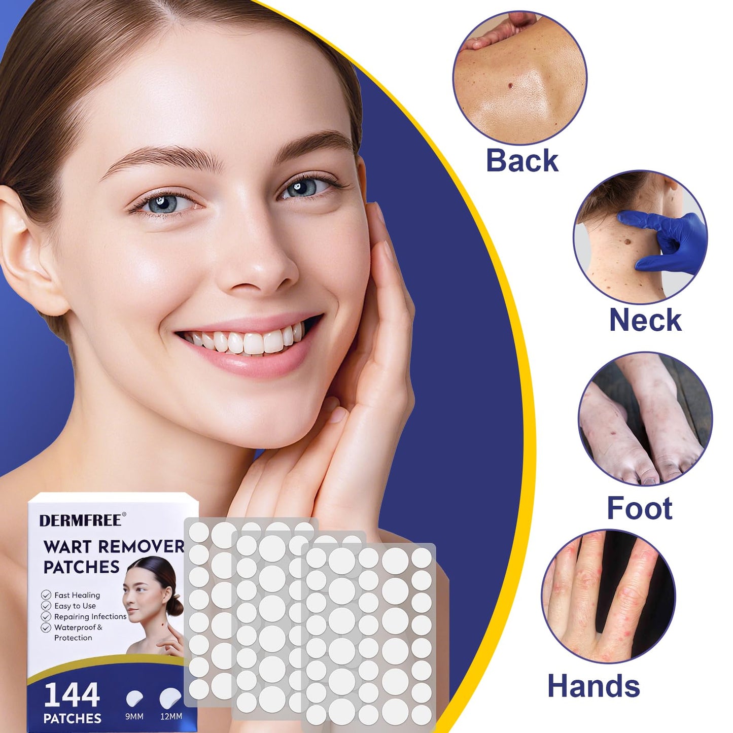 DERMFREE Wart Treatment Patches with 1% Salicylic Acid, Thin Waterproof Hydrocolloid Stickers for Hands & Feet, Discreet Protective Covers, 144 Count