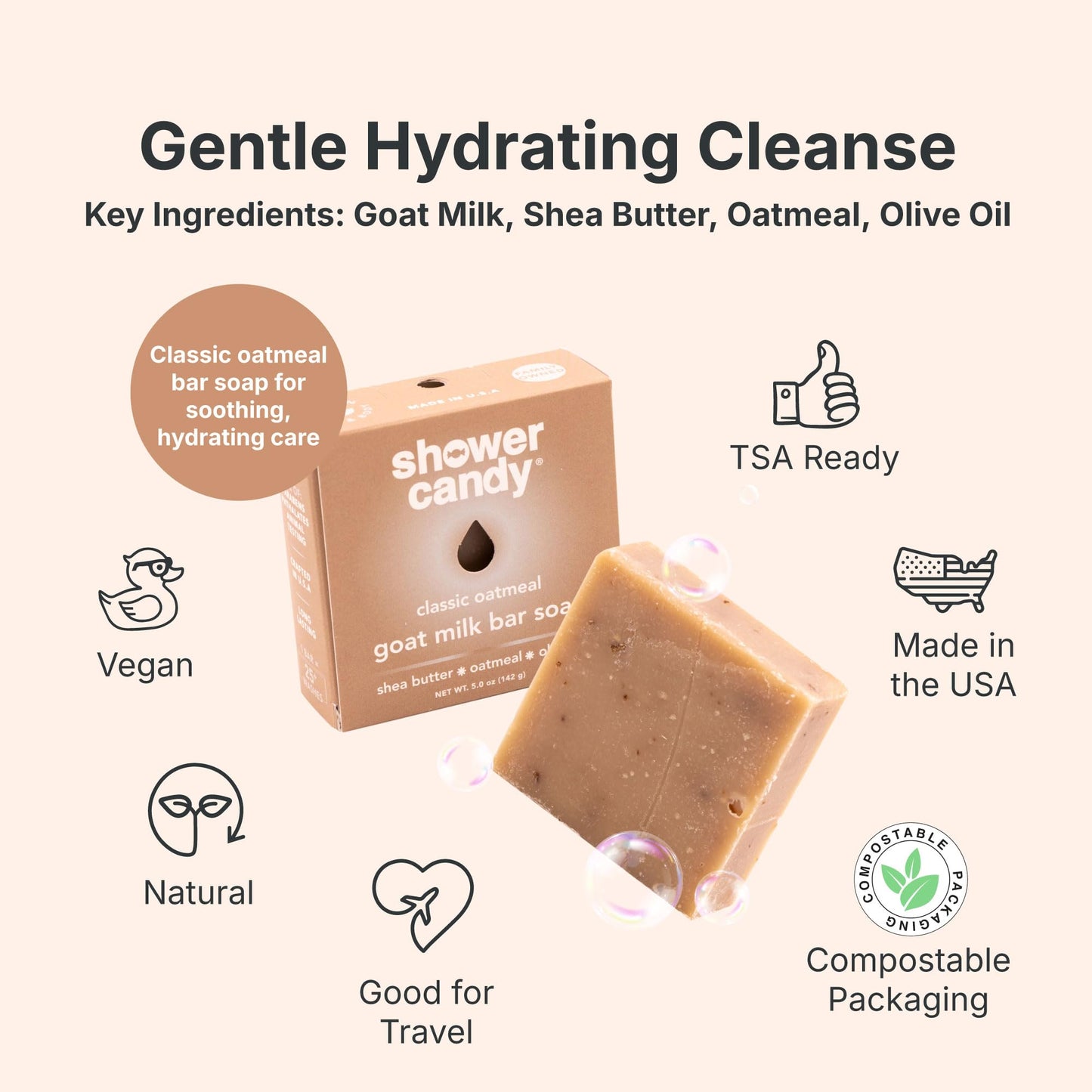 Shower Candy Classic Oatmeal Bar Soap - 5.0 oz Natural Body Wash Bar - Made in USA - Goat Milk, Shea Butter, Oatmeal and Olive Oil