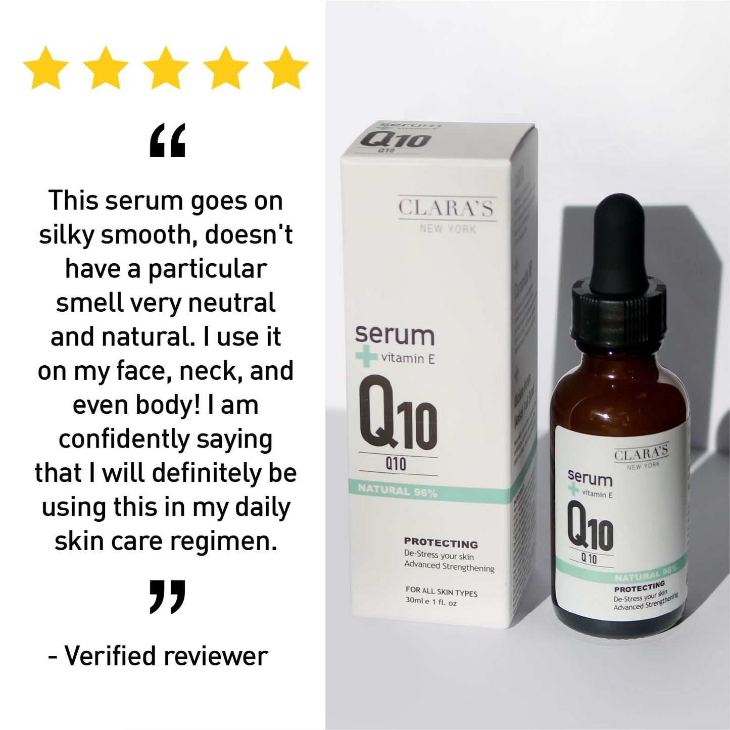 CLARA'S NEW YORK Q10 Facial Serum with Vitamin E – Hydrating, Brightening & Skin-Supportive – 30ml / 1 Fl Oz – Made in USA