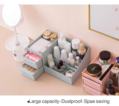 Simbuy Makeup Desk Organizer With Drawers —Countertop Bathroom Skincare Organizer for Cosmetics, Vanity Holder for Lipstick, Brushes, Lotions, Eyeshadow, Nail Polish and Jewelry-Blue