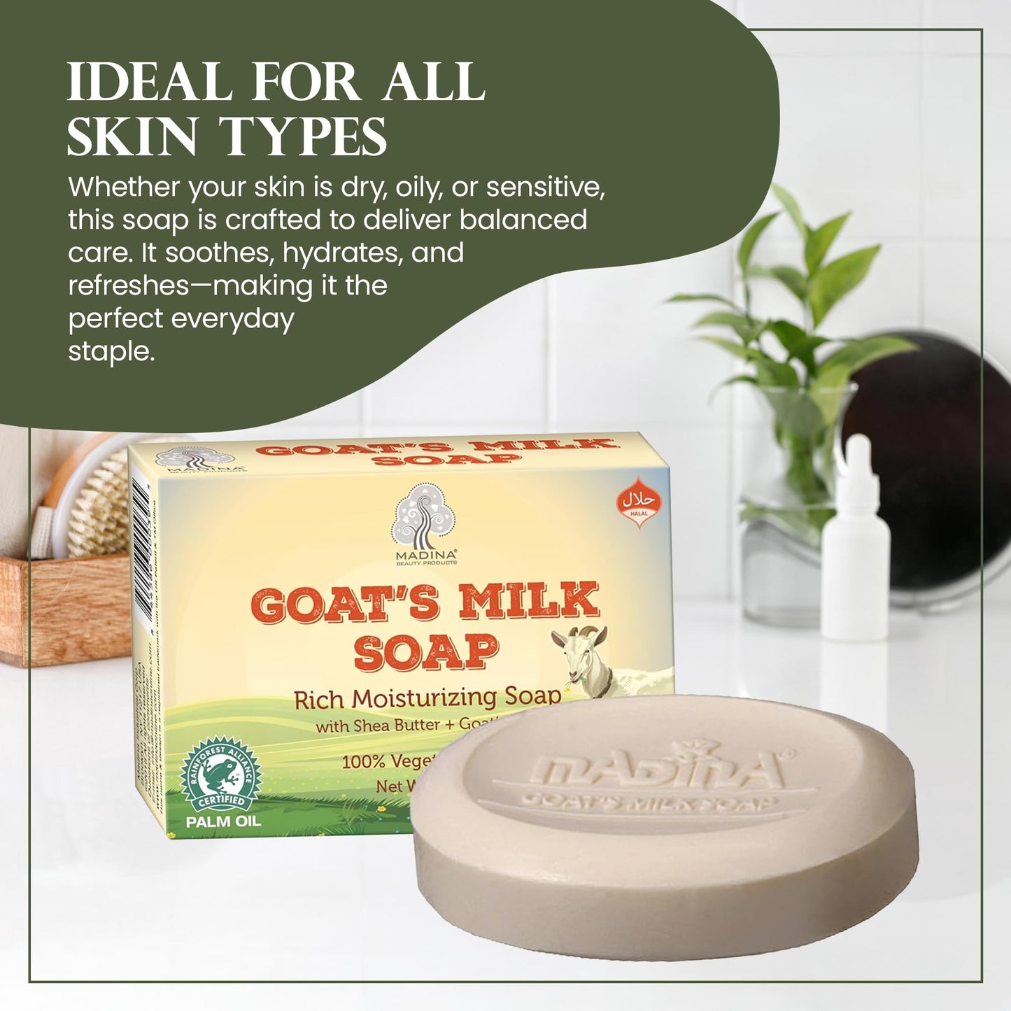Madina Goat Milk Soap Bar – Hydrating, Moisturizing, Nourishing, Natural Vegetable-Based, Gentle Cleanser for All Skin Types, RSPO & Halal, 6 Pack (3.5 oz Each)