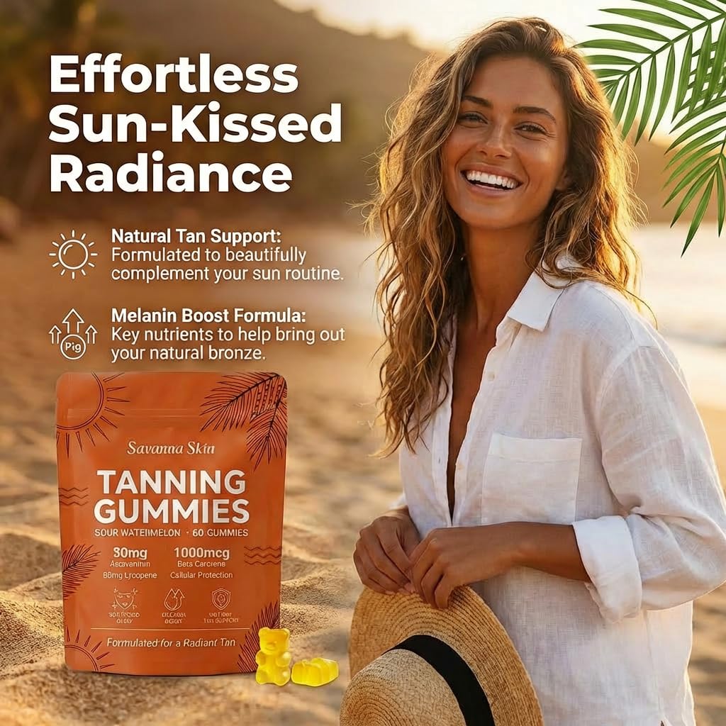 Lyva Savanna Skin Tanning Gummies - Natural Sunless Glow Supplement with Beta-Carotene & Vitamin C – 60 Vegan Gummies for a Golden, Radiant Complexion