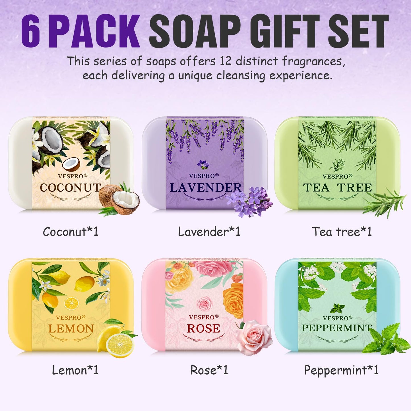 VESPRO Natural Bar Soap Gift Set with Olive Extract, Perfect Fancy Soaps for Women Gifts, Handmade Bar Soap for Teen Girls, Travel Size Soap Bar, Thank You Gifts, Party Favors for Guests(Pack of 6)