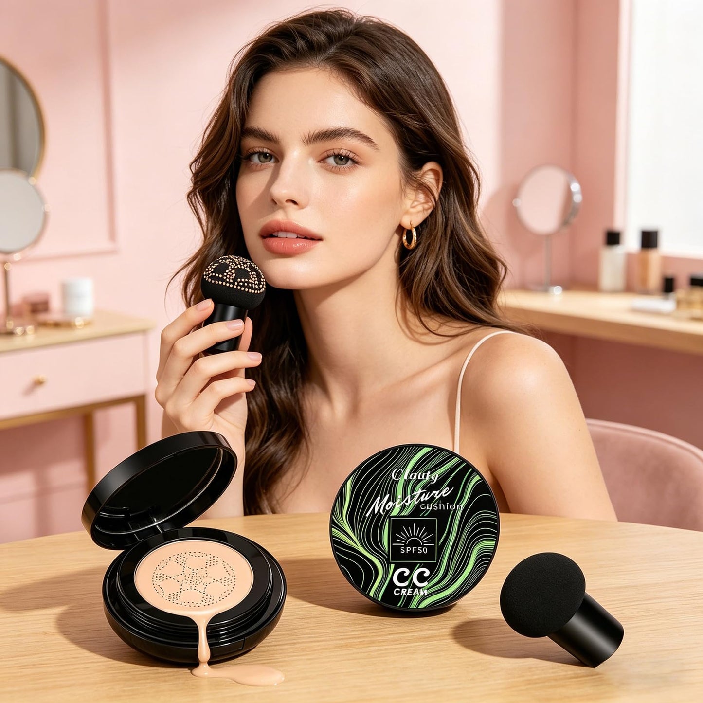 Cushion Foundation Air Cushion CC Cream - Natural Finish, Buildable Coverage Foundation, Even Skin Tone, Tattoo cover up, Moisturizing Concealer Cream Foundation Makeup (Buff Beige)