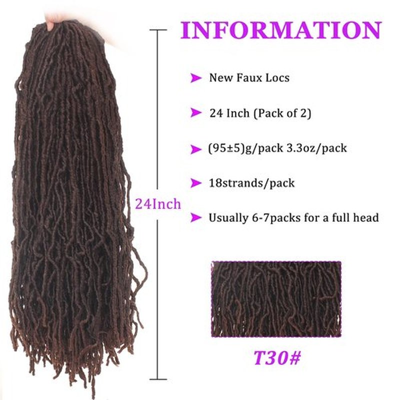 24 Inch New Faux Locs Hair 2Packs/lot Synthetic Goddess Locs Curly Wavy Faux Locs Braiding Hair Extension for Black Women Pre-looped Most Natural Crochet Braids Hair (24 Inch, T30#)