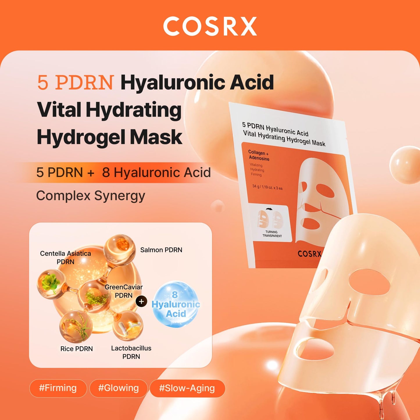COSRX 5 PDRN Hyaluronic Vital Gel Mask Single 34g x 1EA, Overnight Face Mask, Travel Essentials, Korean Skincare