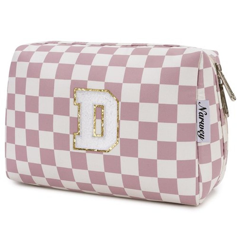 Narwey Personalized Initial Makeup Bag Toiletry Bag Gifts for Women Girls Large Checkered Makeup Bag Zipper Pouch Travel Cosmetic Bag Organizer for Women (Dusty Rose Checkerboard Letter D)